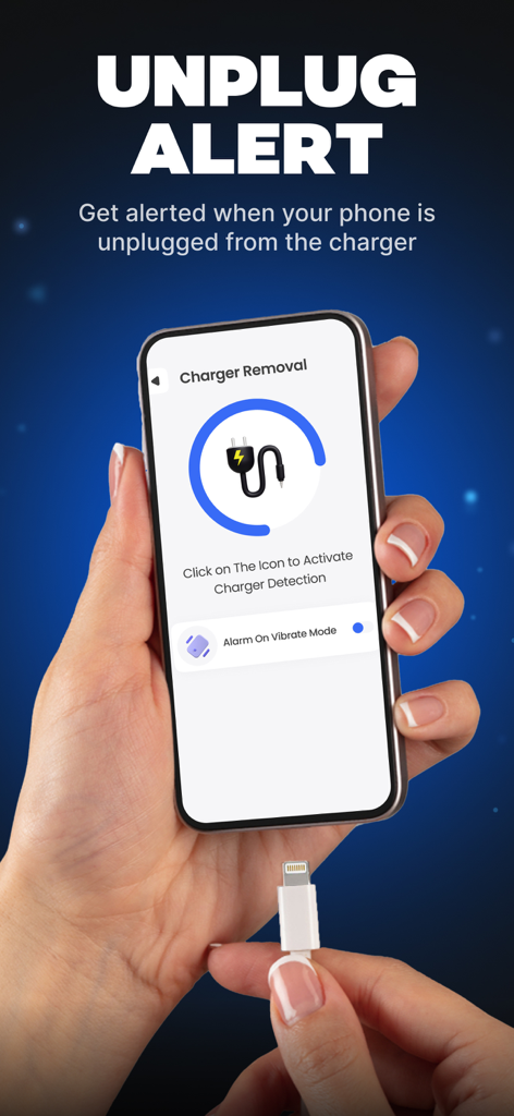 Anti Theft Alarm Motion Alert - Aplicación de alarma antirrobo que muestra una alerta de desconexión del cargador en la pantalla de un iPhone.