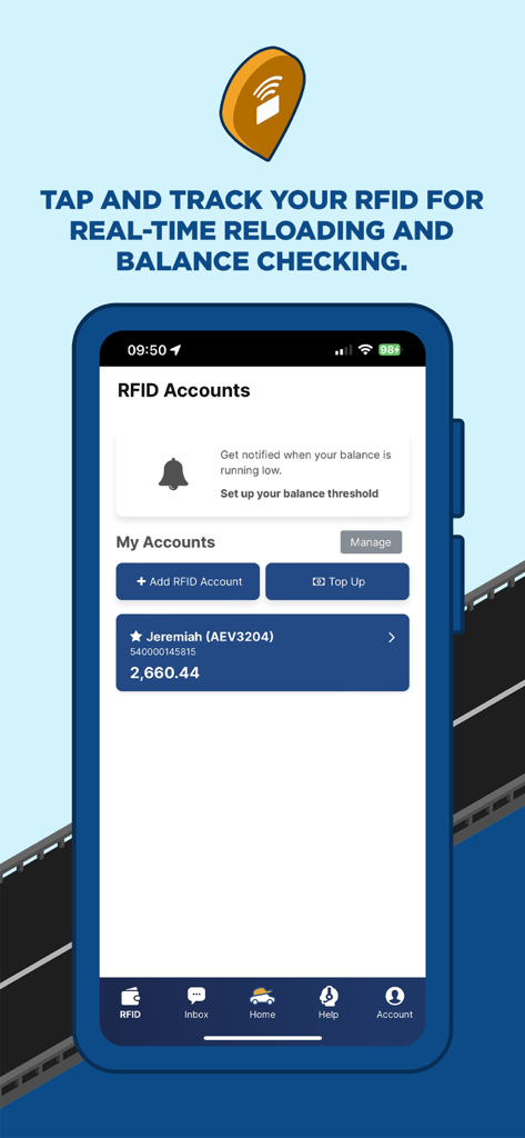 MPT DriveHub - La aplicación MPT DriveHub que muestra el saldo de la cuenta RFID y las opciones de recarga