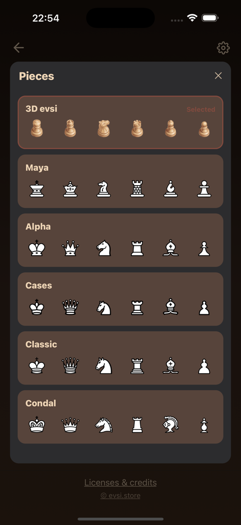 Chess Pro: vs AI & 2 Player - Un menú que muestra seis estilos diferentes de piezas de ajedrez para personalizar en la aplicación Chess Pro.