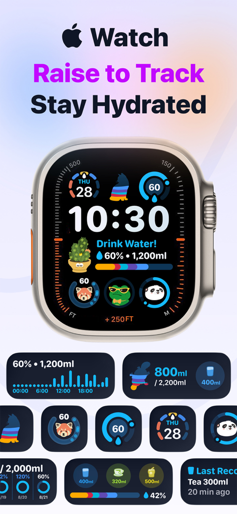 Water Tracker - Drink Reminder - Tela do Apple Watch mostrando a interface do aplicativo Water Tracker com metas de hidratação diária e ícones de progresso coloridos.