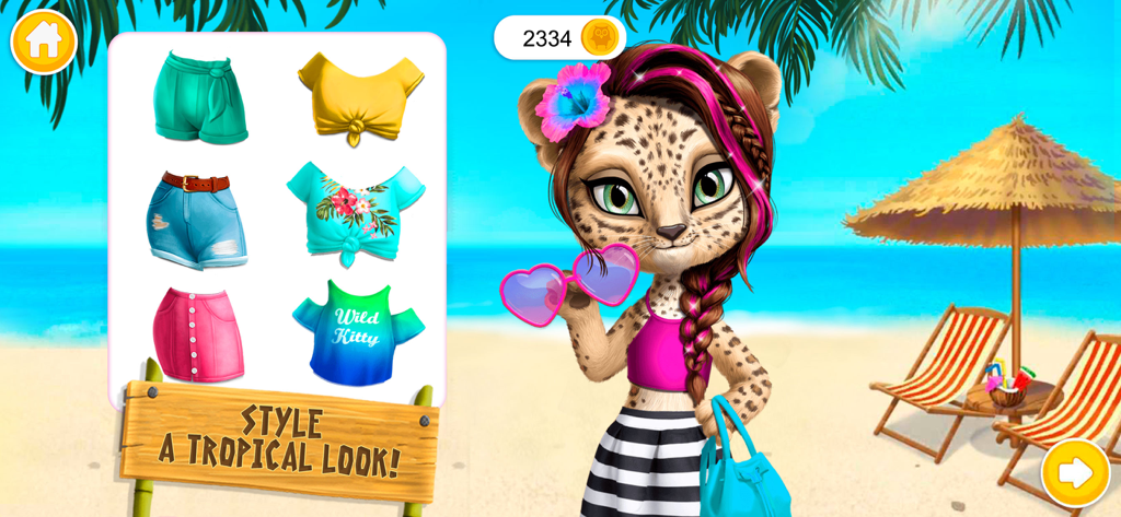Leopard character Amy at a tropical beach in Jungle Animal Hair Salon 2 with a dress up menu to style a tropical look.