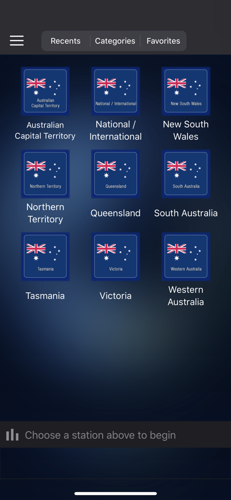 Interface of the Radio Australia app showing radio stations organized by Australian states and territories