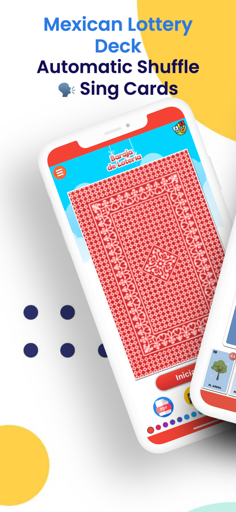 Baraja de Lotería Mexicana - iPhone screen displaying the Baraja de Lotería Mexicana app with a traditional red card back and automatic shuffle feature