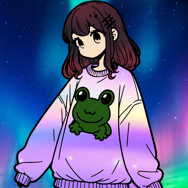 girl wearing frogging sweatshirt