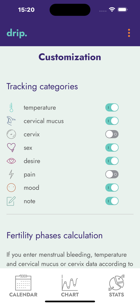 Interface of the drip period tracker showing customization options for tracking temperature cervical mucus sex and mood