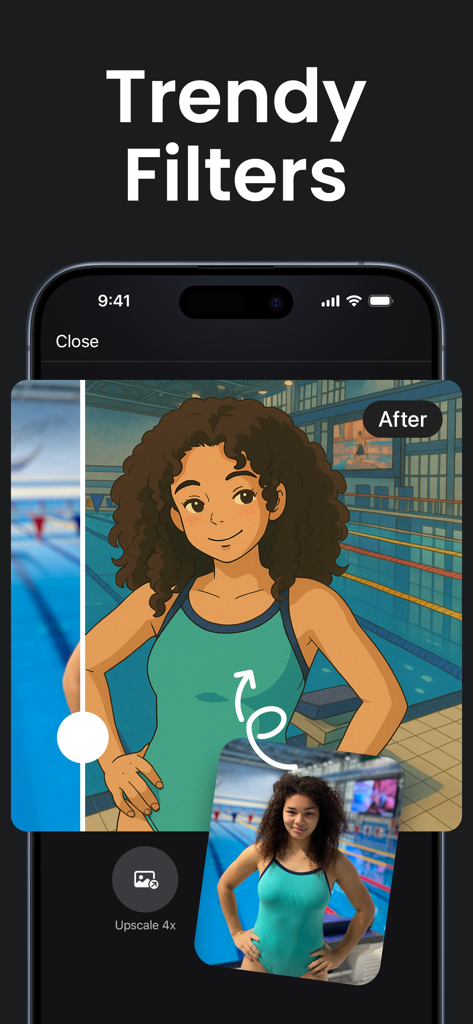 AI Photo Generator: ARTA - A photo of a woman at a swimming pool being transformed into a cartoon illustration using AI Arta trendy filters