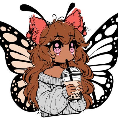 a realistic butterfly/furry girl drinking boba