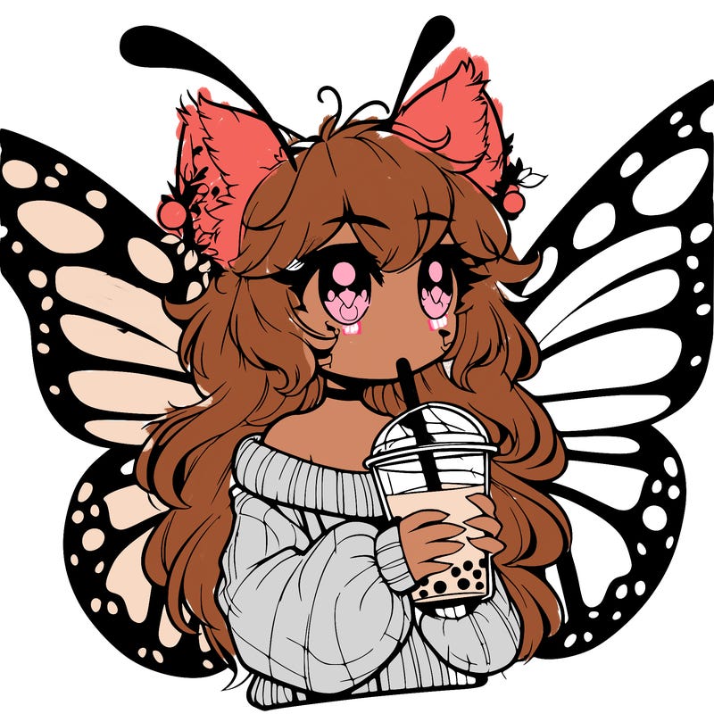 a realistic butterfly/furry girl drinking boba