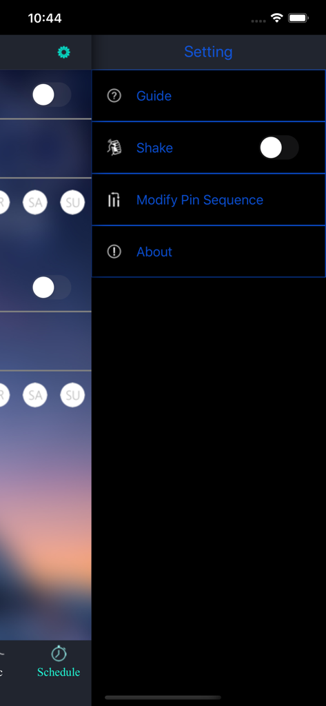 LotusLanternX app settings sidebar with guide shake and pin sequence options