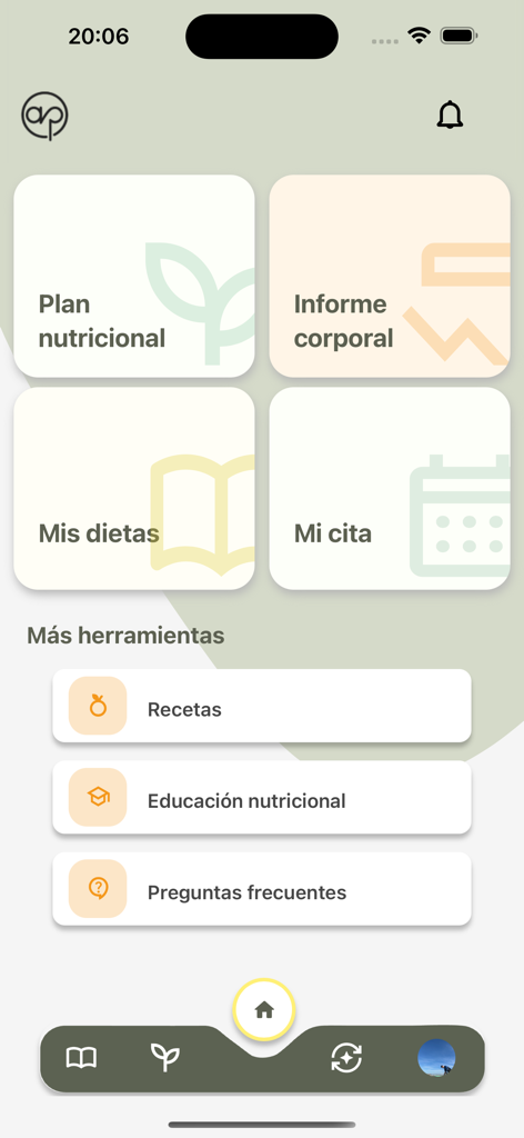 Ap nutricion inteligente - Pantalla de inicio de la aplicación Ap nutricion inteligente con opciones de menú para planes nutricionales, informes corporales, dietas y citas