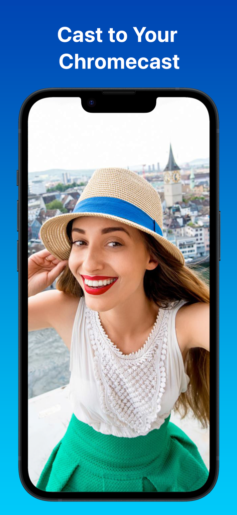 笑顔の女性の写真と「Chromecastにキャスト」というテキストが表示されているPixFolioアプリのスマートフォン画面。