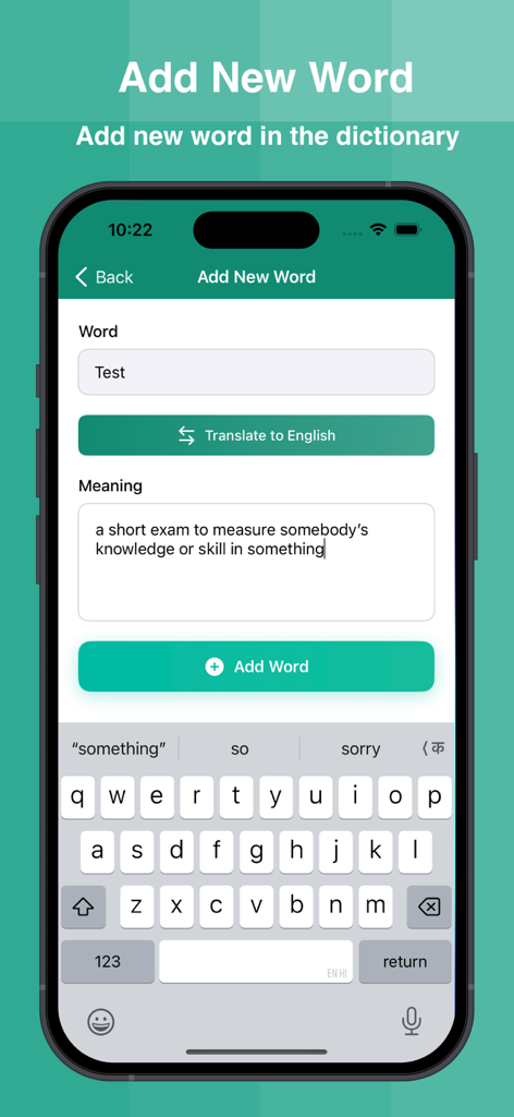 Mobile app interface showing the add new word feature in the English Dictionary Offline app