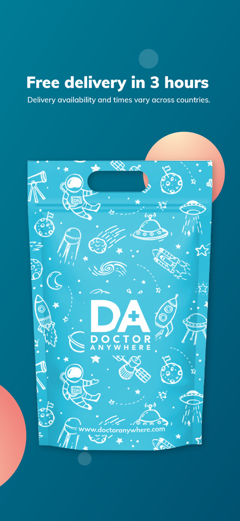 Doctor Anywhere: Healthcare - A blue Doctor Anywhere delivery bag with space illustrations advertising free three hour medicine delivery