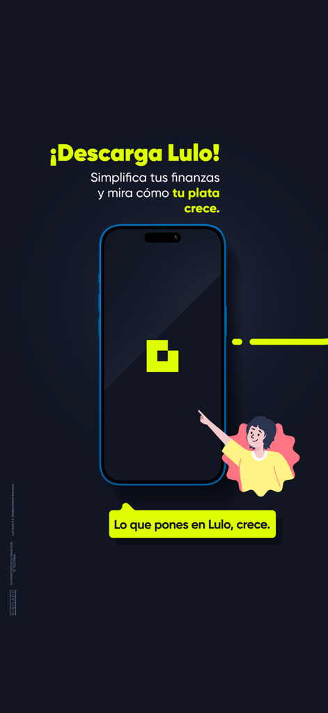 Lulo Bank promotional screen featuring a smartphone and a cartoon character with text about simplifying finances in Spanish