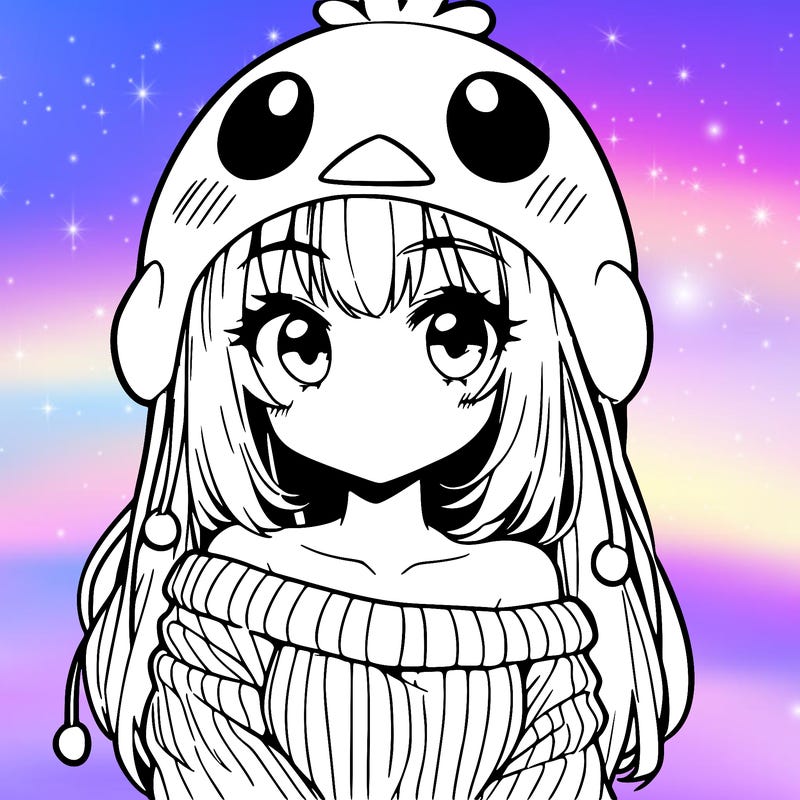 anime girl with chick shaped hat with sweater with bare shoulders with bangs covering them one eye with low tail