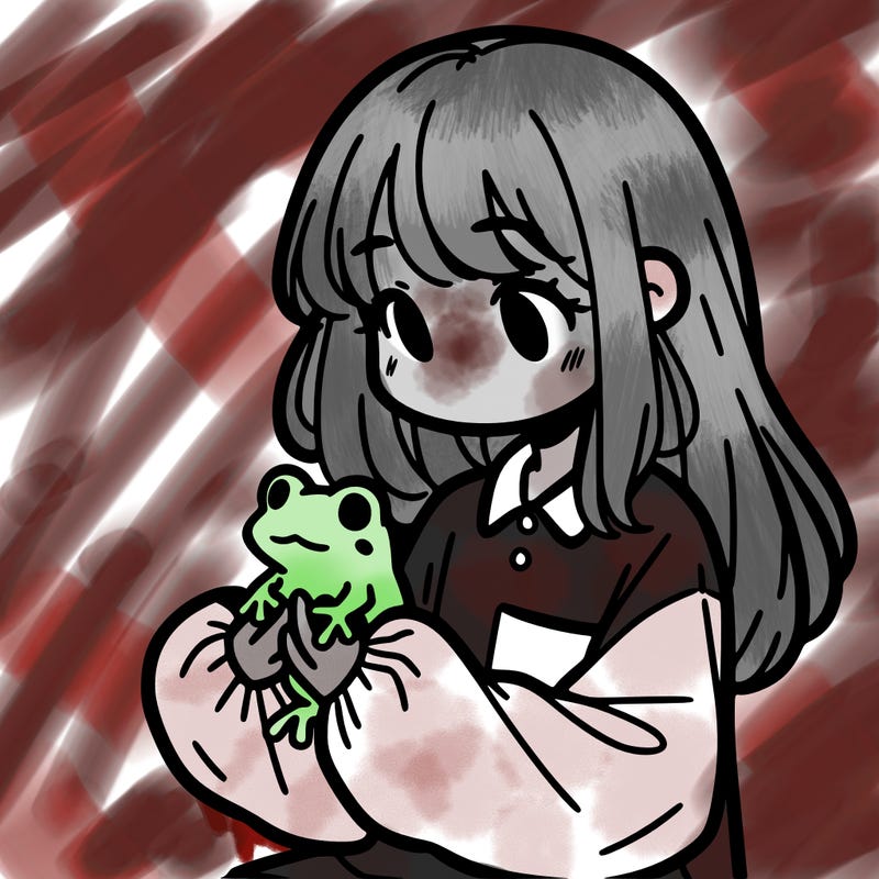 girl with long hair and a oversized shirt. and she is holding a frog