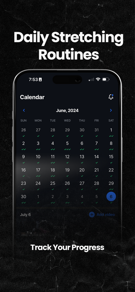 Mobility MVMNT - Screenshot of the Mobility MVMNT app showing a calendar view with completed daily stretching routines tracked with checkmarks.