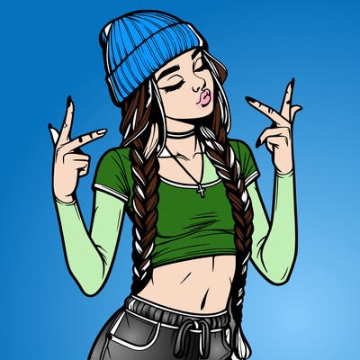 realistic teenage girl with braids and a beanie and crop top doing 🫶🏼