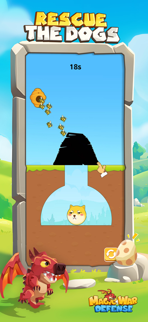 Magic War: Defense - Magic War Defenseの犬救出パズルレベル。プレイヤーが蜂から守るために盾を描いている様子