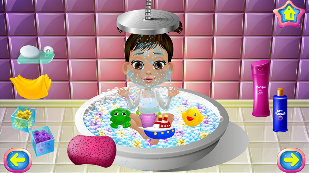 Baby Nursery Fun - Kids Games for Girls and Boys - A baby girl taking a bubble bath with toys in the Baby Nursery Fun mobile game