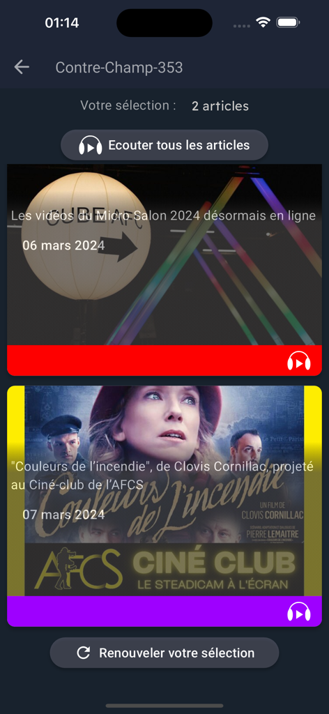 List of cinematography news articles in the AFCNews app with an option to listen to them