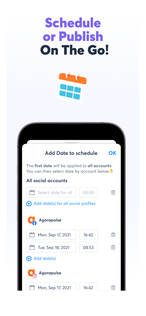 Agorapulse Companion App - Agorapulseアプリ画面に、モバイルでの複数のアカウントにわたるソーシャルメディア投稿のスケジューリングと公開のインターフェイスが表示されている様子