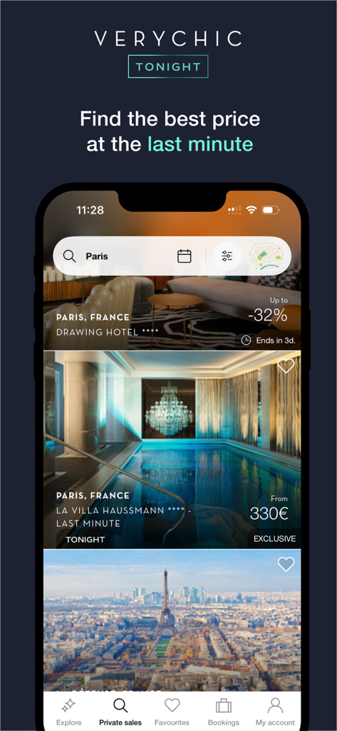 VeryChic App-Oberfläche, die Last-Minute-Luxushotelangebote in Paris anzeigt