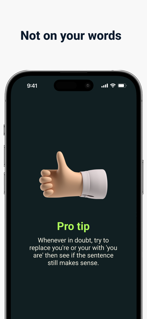 Grammar Fix - 文法修正アプリの画面。yourとyou'reの正しい使い方を説明するプロのヒントが表示されています。