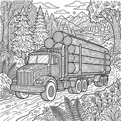 Embark on a creative journey with this detailed logging truck coloring page, perfect for adults seeking a challenging and engaging artistic escape. Discover the rugged beauty of a timber-hauling vehicle set against a magnificent forest backdrop, awaiting your vibrant touch.