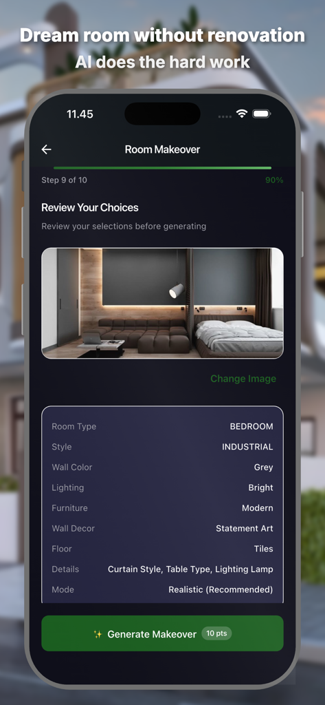 AI Home Decor : Room Makeover - AI Home Decor app screen showing a summary of choices for an industrial style bedroom makeover before generating the final design.