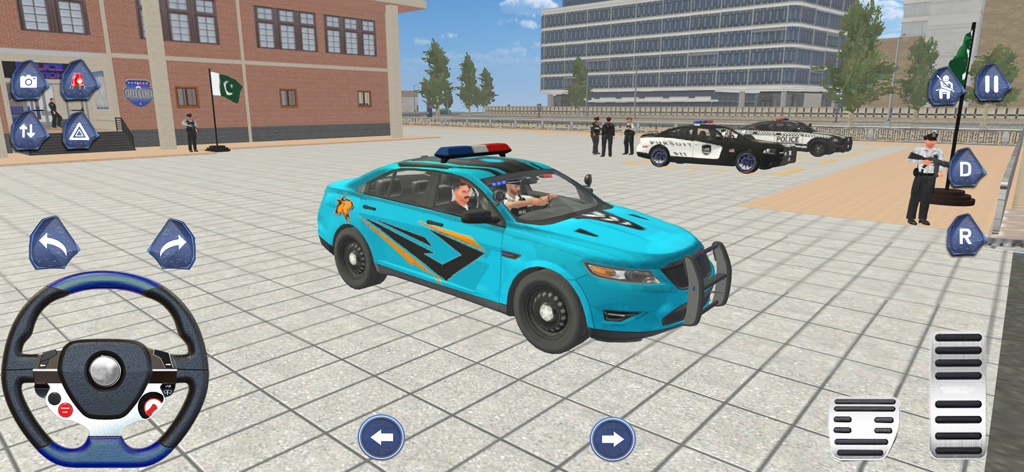 Police Car Driving Chase Games - Un coche de policía azul destacado en un juego de simulador de conducción con volante y pedales en pantalla