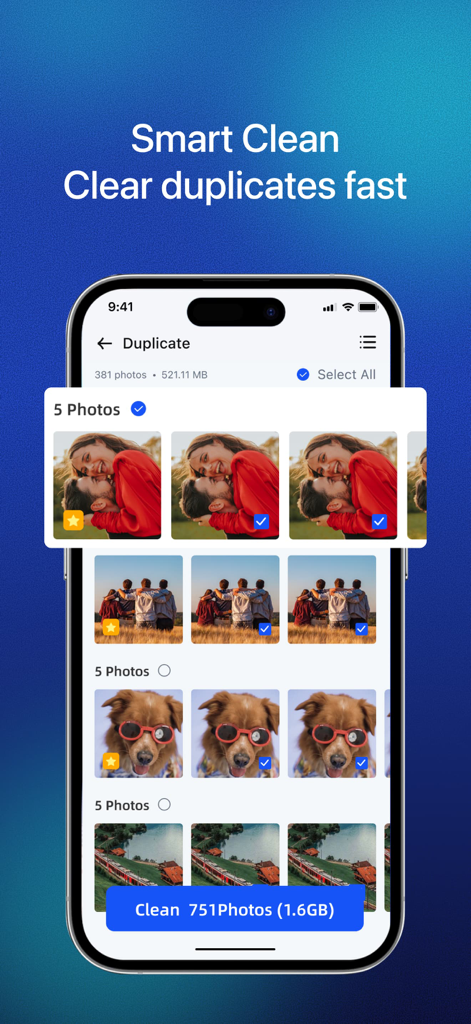 Secure Cleaner app interface showing duplicate photo detection and storage cleaning feature