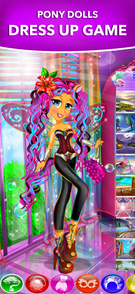 Stylized pony girl character with fairy wings and colorful curly hair in a dress up game interface
