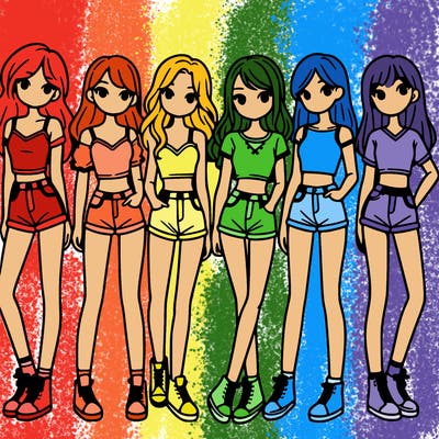 a group of girls wearing crop tops and shorts