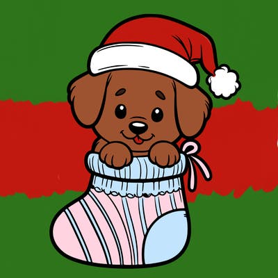 cute puppy wearing santa hat in socking