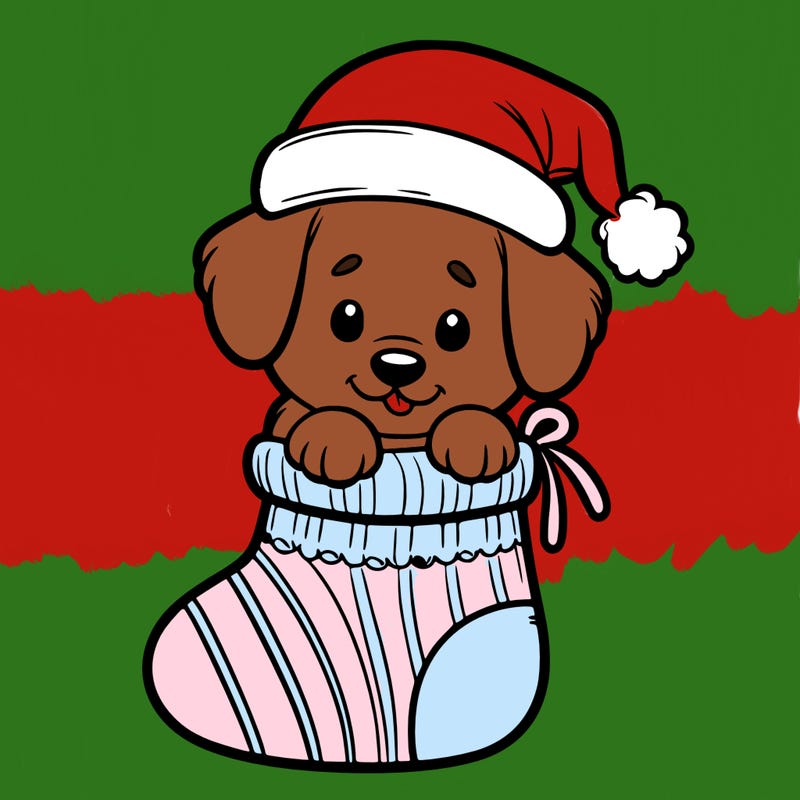 cute puppy wearing santa hat in socking