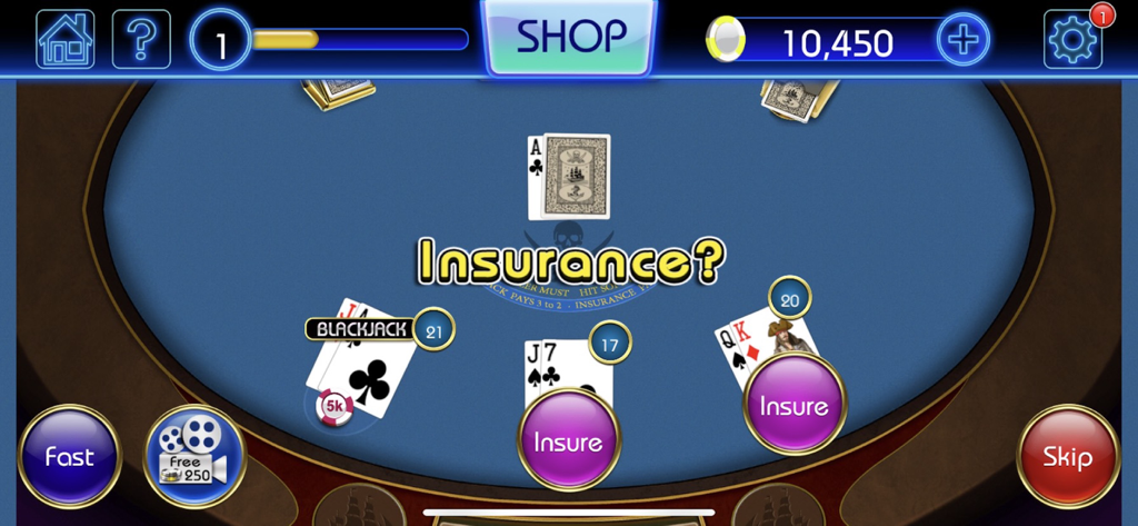 Blackjack 21 game screen showing a dealer Ace and the insurance option for players