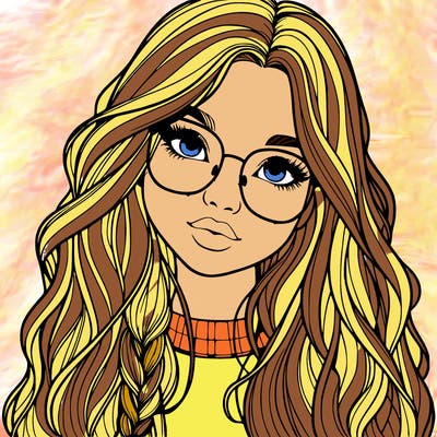 girl with long hair and freckles and glasses realistic