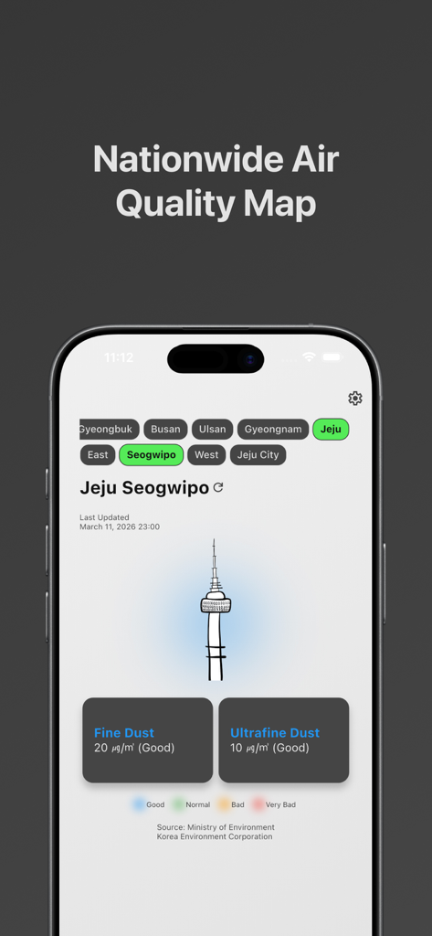 MsMg: Seoul Air Quality & Dust - Pantalla de teléfono inteligente que muestra índices de calidad del aire para Jeju Seogwipo con lecturas de polvo fino y ultrafino.