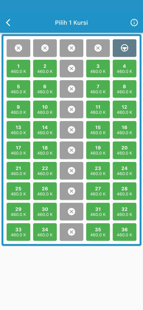 Sumber Alam - Bus seat selection interface in the Sumber Alam app showing available seats and prices