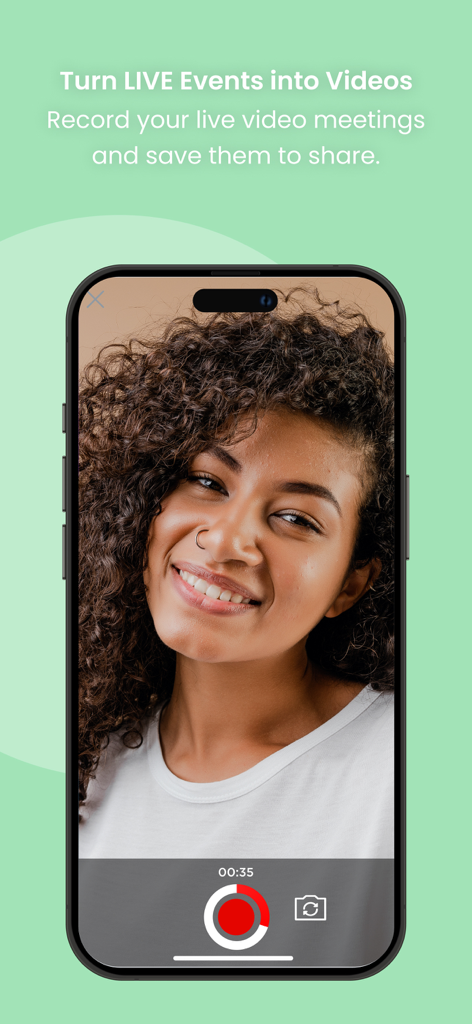 THREE International - Schermata dello smartphone che mostra una funzione di registrazione video live nell'app THREE International per la condivisione di riunioni.