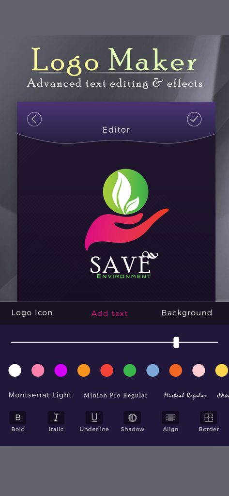 Logo Creator : Best Logo Maker - Interfaz de aplicación móvil del creador de logos mostrando herramientas avanzadas de edición de texto, estilos de fuente y opciones de color