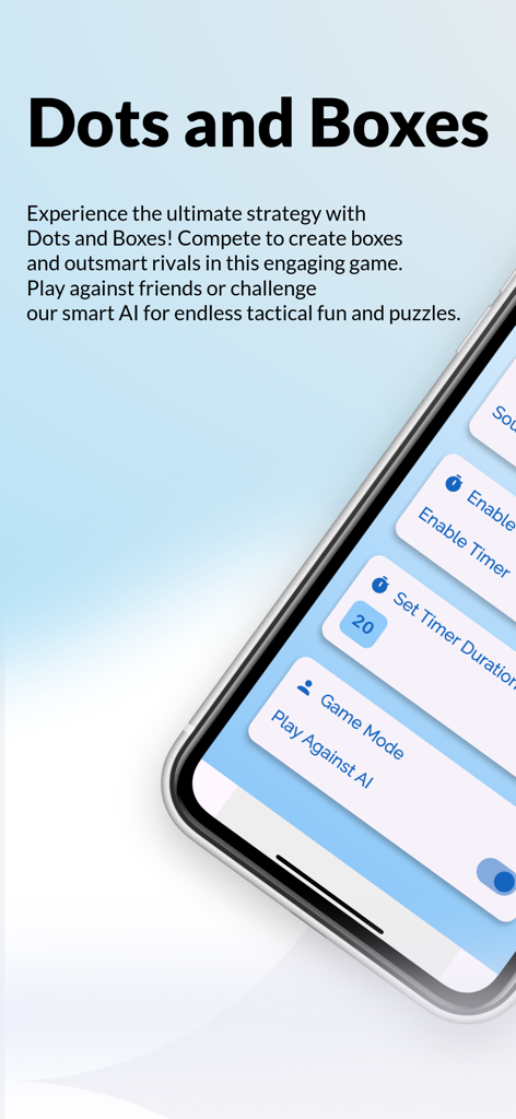 Dots and Boxes - Friends or AI - Pantalla introductoria de la aplicación Dots and Boxes que muestra la descripción del juego y la configuración para el modo de juego de temporizador e IA
