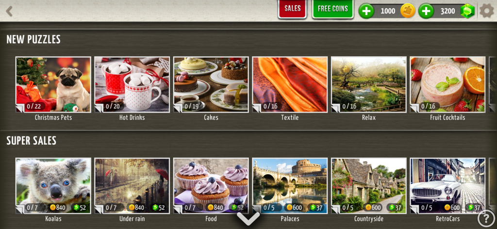 Jigsaw Puzzles World - Main menu of Jigsaw Puzzles World showing various puzzle collections like Christmas Pets and Nature landscapes