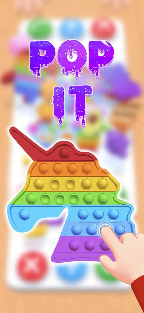 A finger pressing a bubble on a rainbow unicorn pop-it toy in a 3D simulation game.