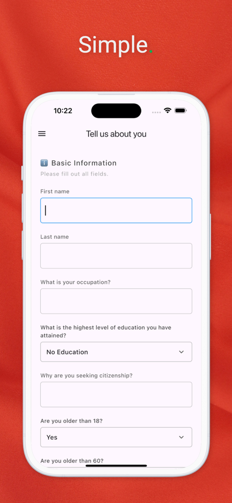 CitizenHR: Croatia Citizenship - Mobiler Bildschirm, der das CitizenHR-Formular mit Basisinformationen für den Antrag auf kroatische Staatsbürgerschaft zeigt