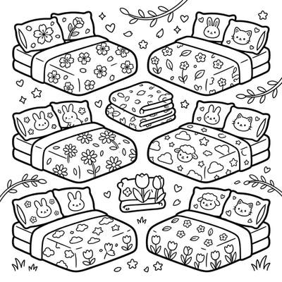 Unfold a world of snuggly cuteness with our Kawaii Spring Sheet Sets coloring page, featuring multiple adorable bedding designs. Perfect for bringing cheerful spring vibes and charming animal friends to life with your favorite colors.