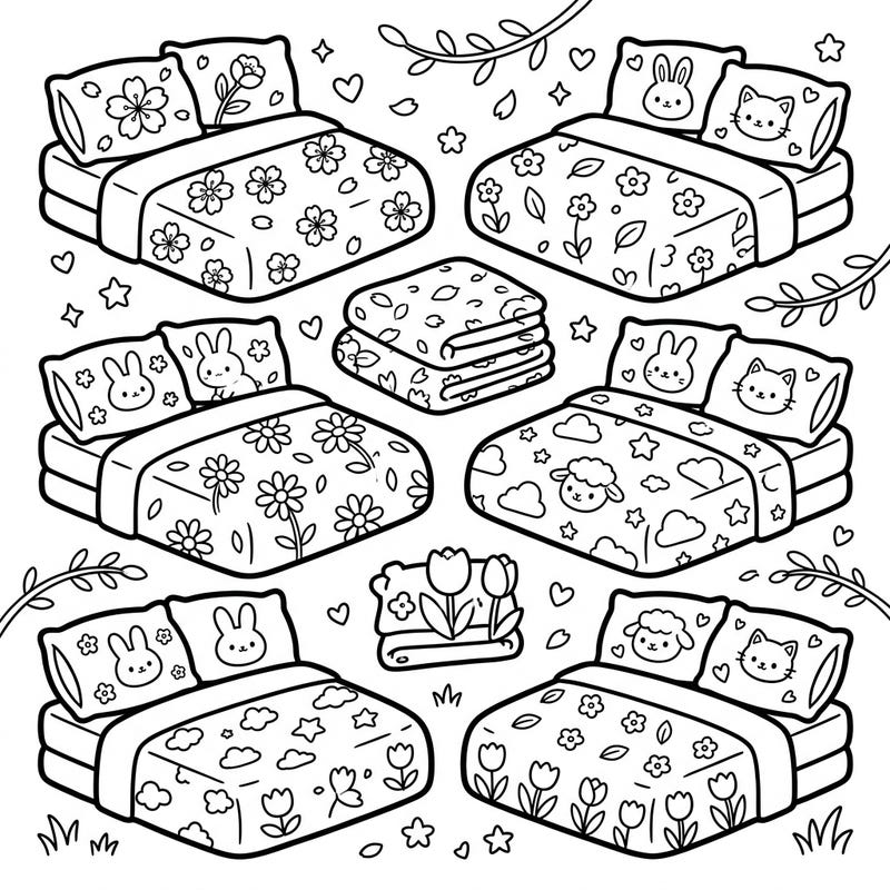 Unfold a world of snuggly cuteness with our Kawaii Spring Sheet Sets coloring page, featuring multiple adorable bedding designs. Perfect for bringing cheerful spring vibes and charming animal friends to life with your favorite colors.