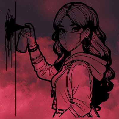 realistic girl with mask spray painting a wall