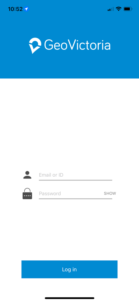 GeoVictoria - Login screen for the GeoVictoria mobile attendance tracking app